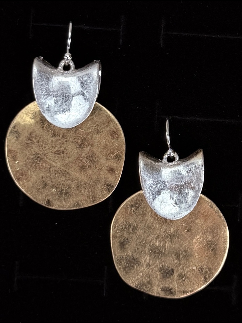 Vintage aged silvertone, brasstone hammered weighted pierced earrings